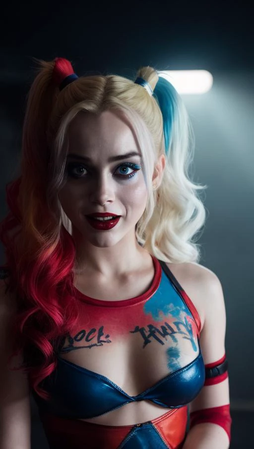 . scene of harley quinn shot on 35mm film. exaggerated manic delighted expression. sharp crisp detail. excited. wide eyes. intense. stark lighting. 21 years old. wide shot. long hair. attractive. backlit