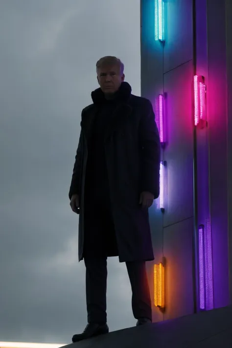 bladerunner 1man,  bright lighting, looking at viewer, Presidential, dystopian, cyberpunk, wearing an expensive suit, portrait <lora:bladerunner:0.5>, (orange lighting:1),  Dtrump, donald trump, perfect symmetry, detailed hair, heroic pose, massive tower with cyberpunk style lights that say "TRUMP",