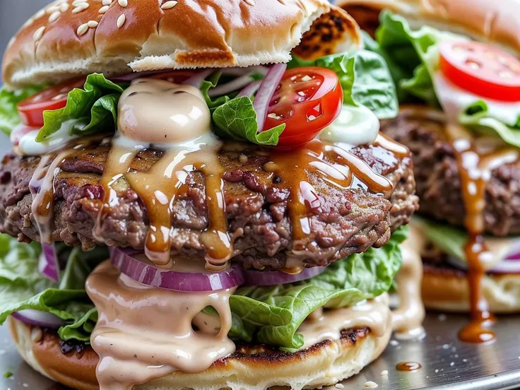 An extreme close-up of a delicious hamburger.  foodporn, savory, american, hamburger, meat, cheese, lettuce, tomato, sesame seed bun, food photography, by food52, cinematic lighting, golden arches, potato
 <lora:FoodPorn_v2:1> <lora:add_detail:1>