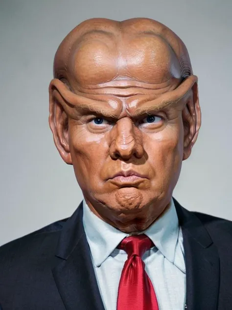 Ferengi man, Donald Trump, big ears, bald, forehead, dark skin, brow ridge, Bust portrait <lora:race_st_ferengi:0.7>