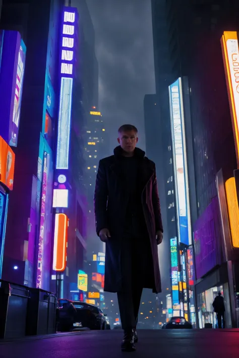 bladerunner 1man,  bright lighting, looking at viewer, Presidential, dystopian, cyberpunk, wearing an expensive suit, portrait <lora:bladerunner:0.5>, (orange lighting:1),  Dtrump, donald trump, perfect symmetry, detailed hair, heroic pose, massive tower with cyberpunk style lights that say "TRUMP",