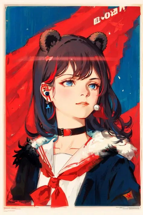 1girl, CCCPposter, sovietposter,red monochrome,(soviet poster:1.5), soviet,ANIMAL EARS,SOLO
,BEAR EARS
,BLUE EYES
,MULTICOLORED HAIR
,BROWN HAIR
,STREAKED HAIR
,FUR TRIM
,BLACK CHOKER
,RED HAIR
,SAILOR COLLAR
,CHOKER
,LONG HAIR
,SIMPLE BACKGROUND
,BANGS
,JACKET
,FUR-TRIMMED JACKET
,NECKERCHIEF
,RED NECKERCHIEF
,BLACK SAILOR COLLAR
,SHIRT
,EARPHONES