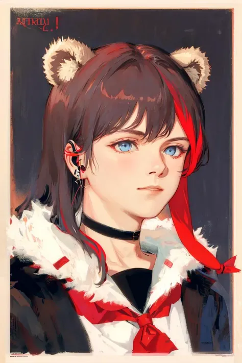 1girl, CCCPposter, sovietposter,red monochrome,soviet poster, soviet,ANIMAL EARS,SOLO
,BEAR EARS
,BLUE EYES
,MULTICOLORED HAIR
,BROWN HAIR
,STREAKED HAIR
,FUR TRIM
,BLACK CHOKER
,RED HAIR
,SAILOR COLLAR
,CHOKER
,LONG HAIR
,SIMPLE BACKGROUND
,BANGS
,JACKET
,FUR-TRIMMED JACKET
,NECKERCHIEF
,RED NECKERCHIEF
,BLACK SAILOR COLLAR
,SHIRT
,EARPHONES