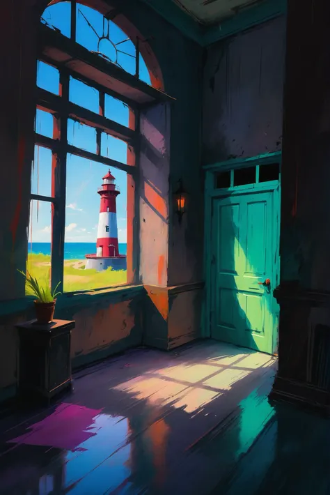 oil pastel chalk digital painting, sketch, anime style, natural sunlight, interior, in a Sleek Abandoned lighthouse<lora:EnvyStarlightPastelChalk01:1>