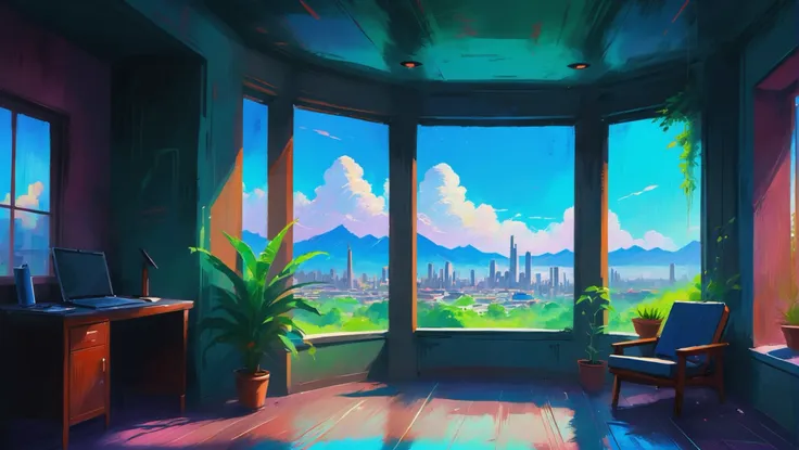 oil pastel chalk digital painting, sketch, anime style, natural sunlight, interior, in a lush Cloud city<lora:EnvyStarlightPastelChalk01:1>