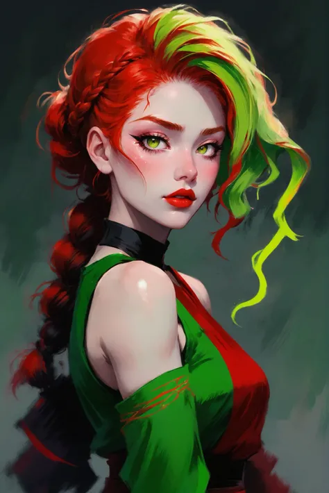 oil pastel chalk digital painting, sketch, anime style, 1girl, woman, female jrpg final boss, (makeup:1),(red lipstick:1.3), bombshell hair, copper hair, Braided Updo, shiny yellowgreen clothes, average figure, albino<lora:EnvyStarlightPastelChalk01:1>