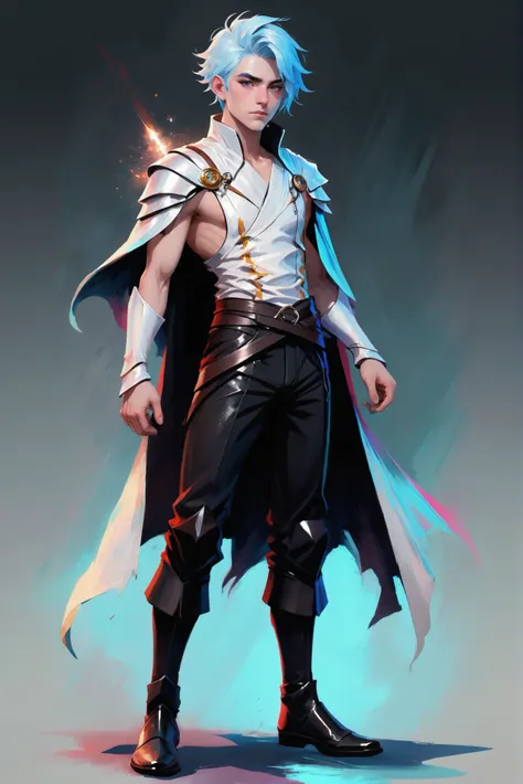 chalk pastel digital painting, sketch, (full body:1.2), 1boy, man, handsome, solo, [:outlandish costume design,:0.2] wizard, shiny ghostwhite (modern leather greaves,bracers:1), japanese, lightblue hair, (average:1.1) build<lora:EnvyStarlightPastelChalk01:1>