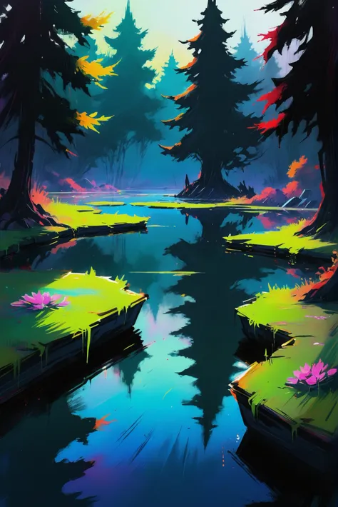 oil pastel chalk digital painting, sketch, anime style, mysterious scifi hamlet in a Pond<lora:EnvyStarlightPastelChalk01:1>