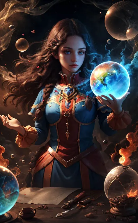 (absurdres, highres, ultra detailed), female , Hundred years old, Sturdy, Afro-Caribbean, Black eyes, High cheekbones, Copper Waterfall braid hair, Frown, Tracing symbols with a quill on parchment, crafting spells with precision,  Arcanist, (Convection,Rotation,Convection,IceBlue ,Amorphous,Sphere,Heart  magic:1.3) Shape-shifting , Sorting magical ingredients with precision, preparing spell components, Celestial Glimmer, <lyco:GoodHands-beta2:1>, nice hands, perfect hands, <lora:Better Portrait Lighting:0.5>, Dramatic lighting, <lora:lolsplash-m:0.5>, <lyco:EnvyElegance:0.4>, elegant, <lora:LECO_LessCrotch:0.6>, narrow depth of field