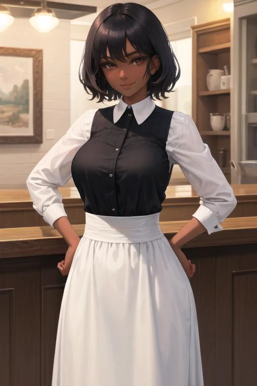 1girl, huge_breasts, black_dress, smiling, standing, cafe, dark_skin, black_hair, red_eyes, <lora:chocoskin:0.5> hands_on_hips, waitress, <lora:LECO_LessCrotch:1.0>, beautiful, (masterpiece:1.2), (best quality:1.2), perfect eyes, perfect face,