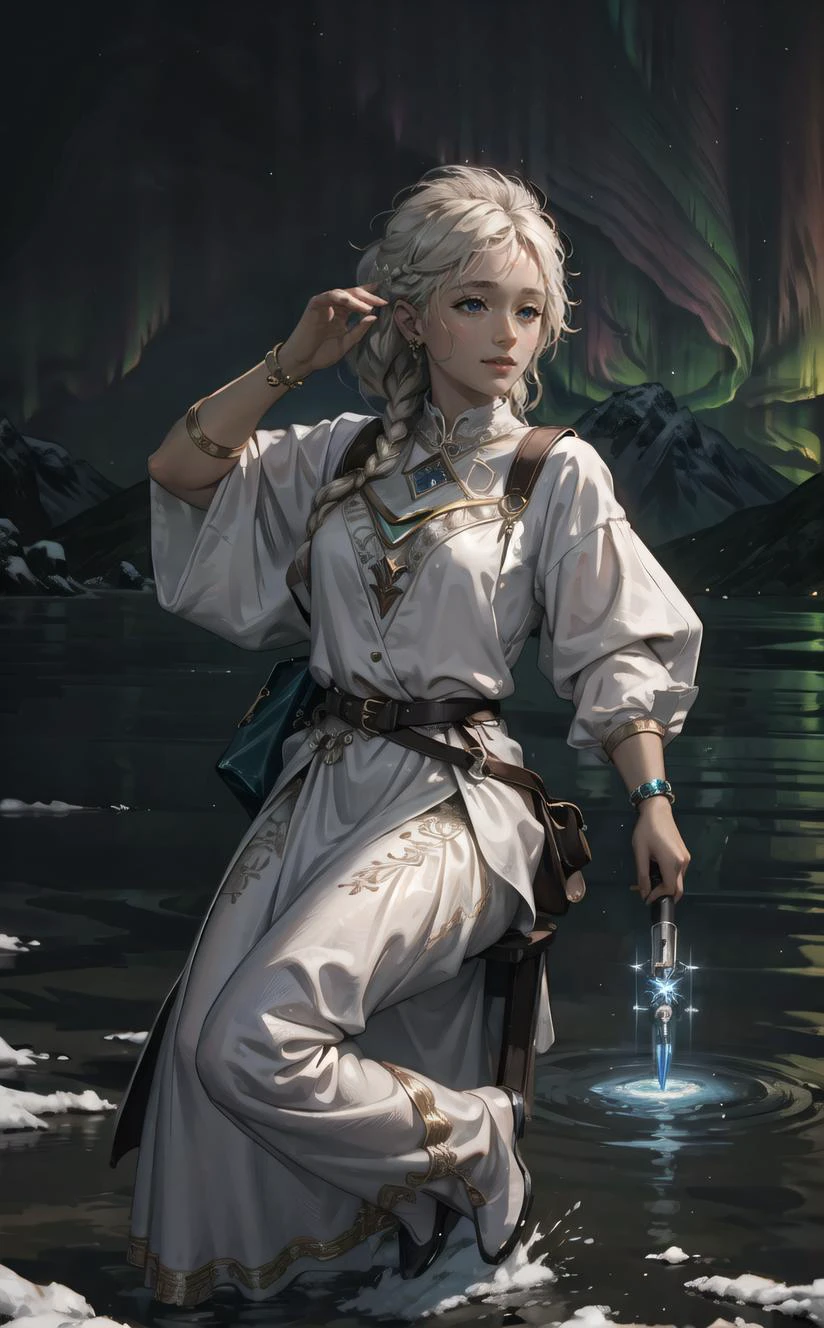 (absurdres, highres, ultra detailed), Asian-Less, female , Golden age, Fit, Sub-Saharan African, Chestnut eyes, , Aqua French braid hair, Embarrassment, Channeling the forces of nature, connecting with the elements, wearing Wizard's Habit , Hiking boots, Crown braid, and Fascinate (Hindsight bias,Translation,Electric current,Northern lights,Bose-Einstein Condensate,Sapphire ,Triangular Prism magic:1.3), Holding a magnifying glass to inspect details, examining magical artifacts, Ethereal Glow, nice hands, perfect hands, narrow depth of field, <lyco:GoodHands-beta2:1>, <lyco:delicate_armor_V2:0.5>, <lora:Better Portrait Lighting:0.5>, Dramatic lighting, <lora:lolsplash-m:0.5>, <lyco:EnvyElegance:0.35>, elegant, <lora:LECO_LessCrotch:0.5>,