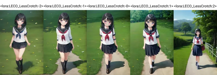 1girl, solo, (8k, highres, masterpiece, best quality),(full body:1.5),
an illustration of a beautiful girl, walking, (coming closer to viewer:1.1), looking at viewer, on grass in park,
school uniform, serafuku, pleated skirt, black hair, bangs, <lora:LECO_LessCrotch:-2>