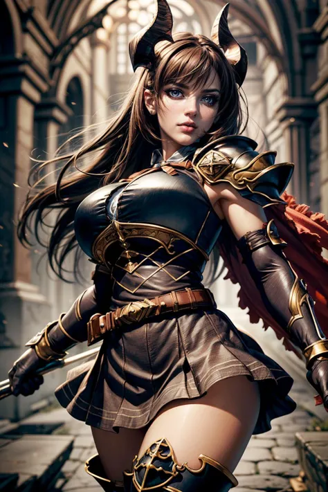 (ultra realistic,32k, masterpiece:1.2),(high detailed skin:1.1),( high quality:1.1),
<lora:gbf_forte:0.8>(kubrick stare:1.1),gbfforte, horns, brown hair, red eyes, armor, pauldrons, shoulder armor, skirt, thighhighs, gloves,  Medieval  veil of illusions, shimmering illusions, shifting reality, realm of tricksters blurry background,,fighting stance pose, huge breast,large breast,<lora:add_detail:1>,
(dynamic lighting:1.1),