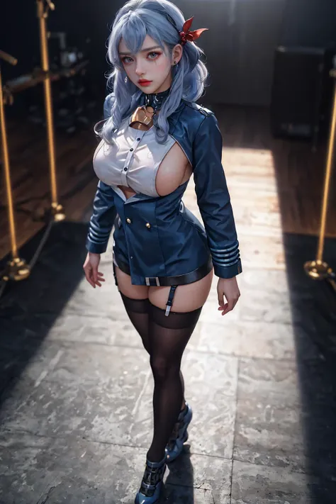 (evelynn league of legends), aretes, traje kGIVES, to therefore/GIVES, short blue jacket, bonGIVESge bra, overskirt, pantyhose, high-heels, smiling, high resolution, super detaill, 8k, in a ruined building,