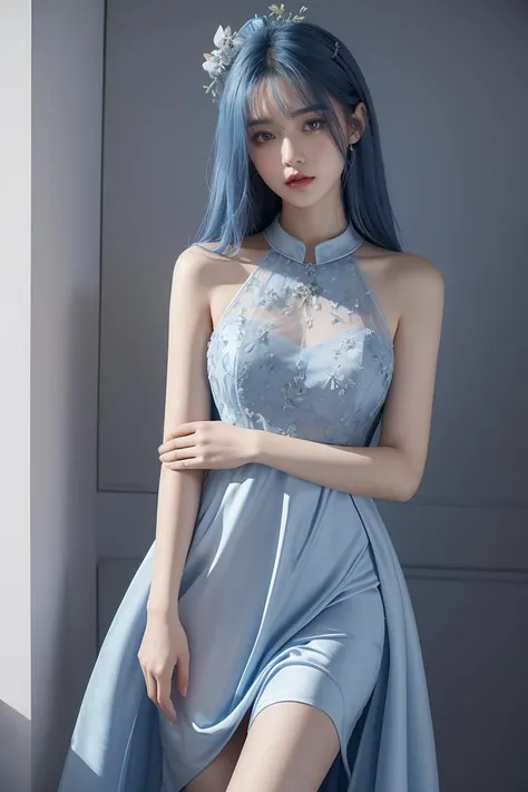 (masterpiece, best quality), 1girl,   <lora:ako_dress:1> akodress, blue dress,halo,blue hair