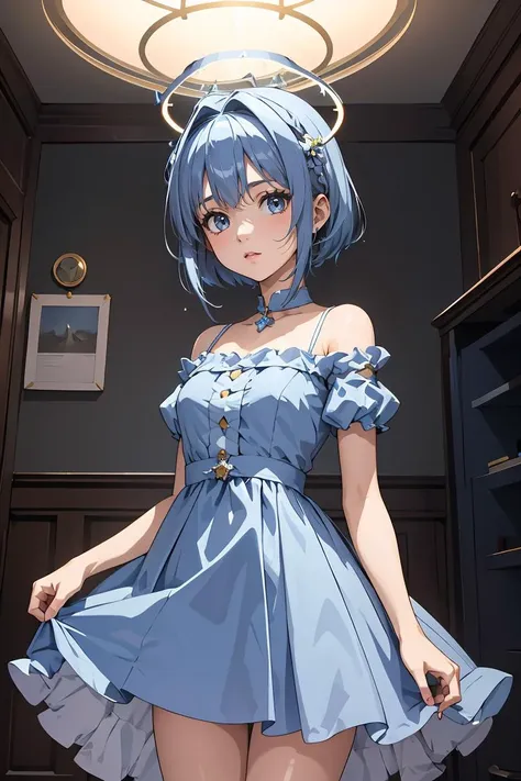 (masterpiece, best quality), 1girl,   <lora:ako_dress:1> akodress, blue dress,halo,blue hair