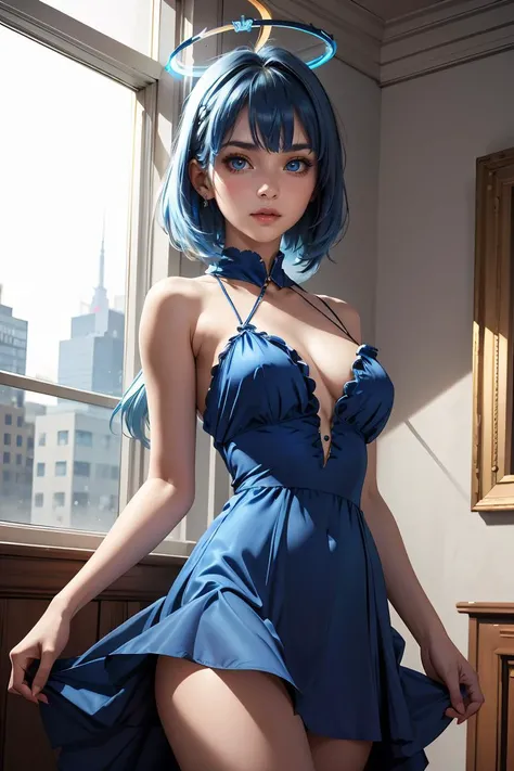(best quality,highres,photorealistic:1.2),portrait,girl, blue hair, blue eyes, cressed leg ,bed,sexy pose setting,beautiful detailed eyes, light smile, blushing face, beautiful detailed lips,longeyelashes,vivid colors,studio lighting,hat,blue eyes,opened t-shirt