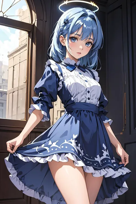 (masterpiece, best quality), 1girl,   <lora:ako_dress:1> akodress, blue dress,halo,blue hair