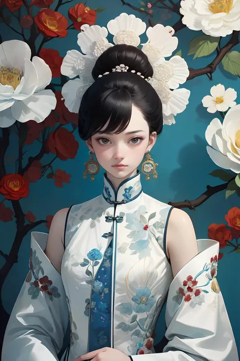 (masterpiece1.2),(best quality:1.2),highres,extremely detailed 8k wallpaper,very clear,realistic,1girl,full body,(soft smile),bare shoulders,solo,jewelry,earrings,realistic,1girl,black hair,chinese clothes,white qipao,looking at viewer,upper body,flower,shirt,peony \(flower\),white shirt,lips,hair ornament,black eyes,DOF,soft light,gongbi color ink style, <lora:GoodHands-beta2:1> ,<lora:white qipao:0.8>