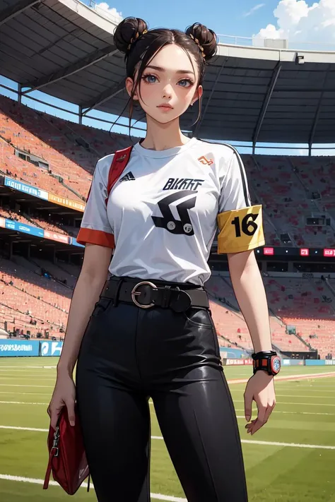 masterpiece, best quality, highres, armband, Fashion clothing, double bun, shirt, belt, pants, outdoors, cowboy shot, standing, stadium ,<lyco:GoodHands-beta2:1.0>