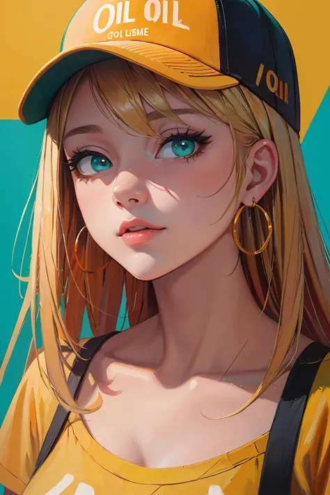 (oil painting:1.5),(masterpiece, best quality:1.2), 1girl, aqua eyes,solo, orange baseball cap, blonde hair, hoop earrings, jewelry, shirt, yellow shirt, upper body, blue background, simple background, collarbone, green eyes, looking at viewer, eyelashes, blue headwear, nose, aqua background, breasts, clothes writing