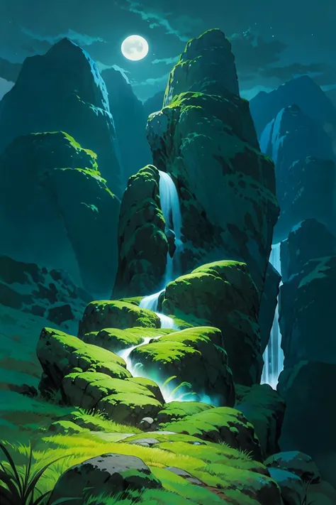 masterpiece, (((best quality))),<lora:Pyramid lora_Ghibli_n3:1>, landscape, dark night, bright moon, weak star, cliff, wind blowing, green grass, fantasy, magic world, waterfall,