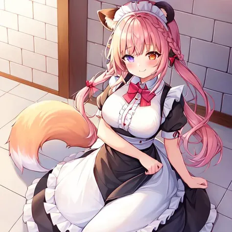 1girl, 2girls, apron, bangs, blush, (braid:1.2), breasts, brick_wall, multicolored hair, closed_mouth, frills, long_hair, looking_at_viewer, maid, maid_apron, maid_headdress, large_breasts, ponytail, puffy_sleeves, purple_eyes, red_bow, shirt, short_sleeves, sidelocks, smile, tile_floor, tile_wall, tiles, full_body, fox_ears, fox_tail, bowing, hallway, smiling, cat ears, cat tail, dog ears, dog tail, heterochromia, panda ears, panda tail,