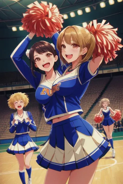 3girls, cheerleaders, in a gym, cheering, jumping, pompons, ((illustration)), perfect details, light particles, chromatic aberration, masterpiece, best quality, absurdres, highest quality, amazing details, hyper detail, dramatic light, intricate details ,laughing, happy, cheerleader uniform