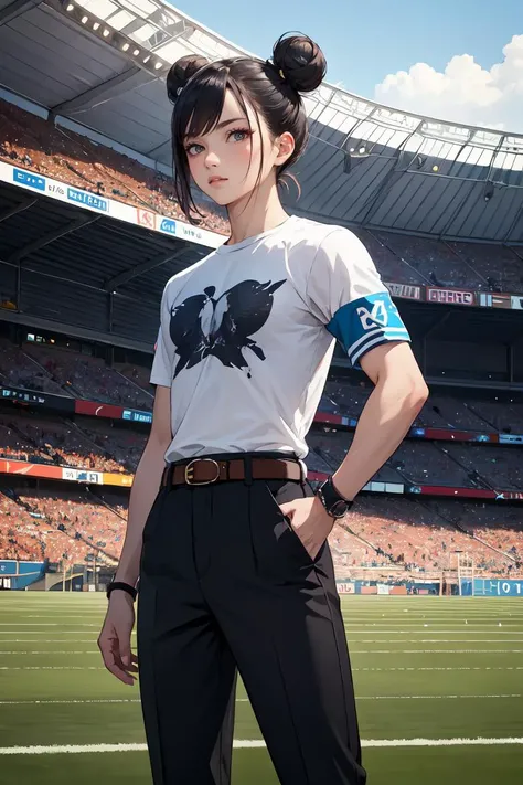 masterpiece, best quality, highres, armband, Fashion clothing, double bun, shirt, belt, pants, outdoors, cowboy shot, standing, stadium ,<lora:GoodHands-beta2:1>