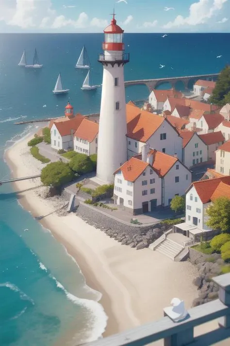coastal town, village, birds eye view, coast, water, boats, architecture, shoreline, birds, people, scenery, lighthouse, sunny, day, summer, sailboats, far away view, buildings, Direct light, Selective focus, ((illustration)), perfect details, light particles, chromatic aberration, masterpiece, best quality, absurdres, highest quality, amazing details, hyper detail, dramatic light, intricate details, <lora:add_detail:0.6>