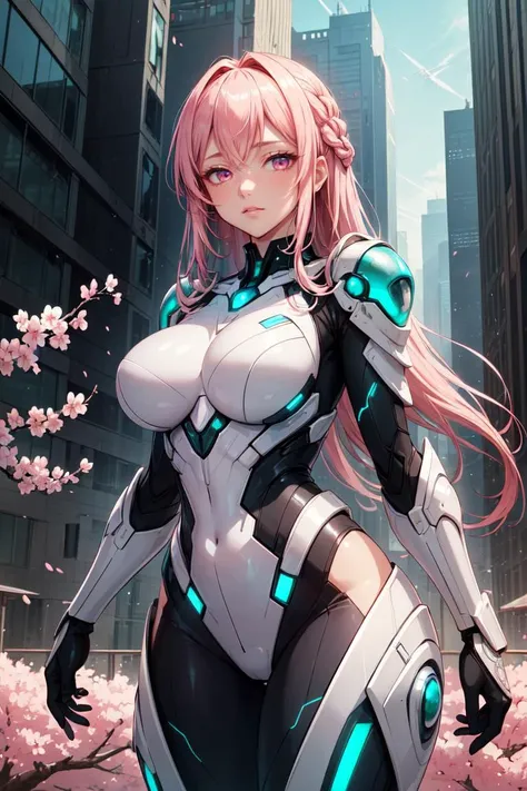 (masterpiece, best quality:1.4), (beautiful, aesthetic, perfect, delicate, intricate:1.2),lovely girl, Smooth, metallic armor that covers every inch of the alien's body, with glowing energy shields extending from the shoulders,dazzling Cherry blossom pink eyes, anime style A raised breasts, green french braid hair, A futuristic city with sleek skyscrapers and flying cars, thick lines,<lora:add_detail:0.5>,<lyco:GoodHands-beta2:1>,
