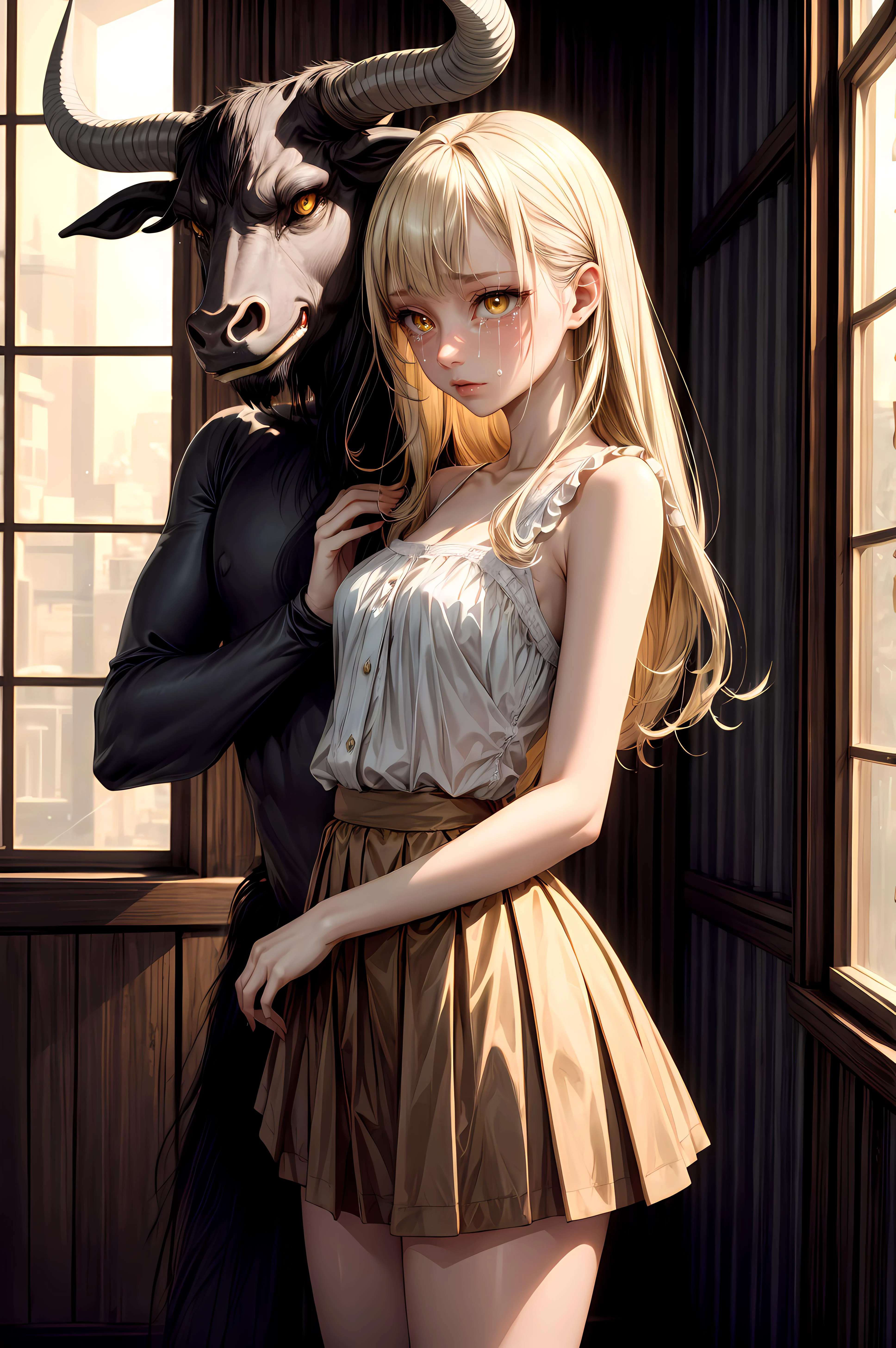 (masterpiece, best quality, extremely delicate, beautiful, highres, original),beautiful female, long beige hair, yellow eyes, crying, miniskirt, <lora:minotaur_v0.1b:0.8> minotaur
<lora:add_detail:1>,