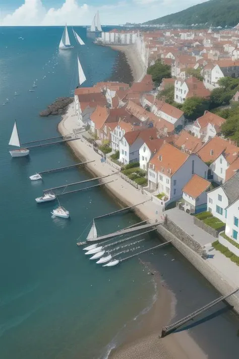coastal town, village, birds eye view, coast, water, boats, architecture, shoreline, birds, people, scenery, lighthouse, sunny, day, summer, sailboats, far away view, buildings, Direct light, Selective focus, ((illustration)), perfect details, light particles, chromatic aberration, masterpiece, best quality, absurdres, highest quality, amazing details, hyper detail, dramatic light, intricate details, <lora:add_detail:0.6>