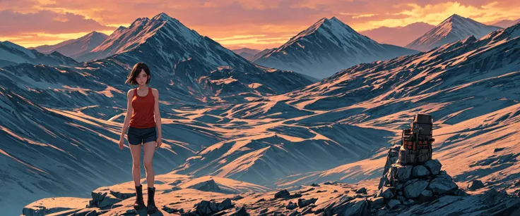 a girl standing in pose before a scenic mountain view, detailed face, tank top, hiking boots, wide angle, orange sky, hyper realistic, cinematic, vivid lighting, (highres, highly detailed:1.1), aesthetic, masterpiece, <lora:pytorch_lora_weights:0.25>, <lora:epi_noiseoffset2:0.6>, <lora:more_details:0.4>