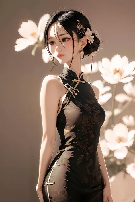 (masterpiece1.2),(best quality:1.2),highres,extremely detailed 8k wallpaper,very clear,realistic,1girl,full body,(soft smile),bare shoulders,solo,jewelry,earrings,realistic,1girl,black hair,chinese clothes,white qipao,looking at viewer,upper body,flower,shirt,peony \(flower\),white shirt,lips,hair ornament,black eyes,DOF,soft light,gongbi color ink style,<lora:qipaoxiezhen:0.8>,