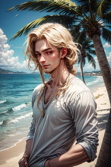 (masterpiece, best quality:1.4), (beautiful, aesthetic, perfect, delicate, intricate:1.2),(absurdres, highres, ultra detailed), (absurdres, highres, ultra detailed), 1 male, adult, handsome, tall muscular guy, broad shoulders, finely detailed eyes and detailed face, casual clothes, Beach, palm tree, smile, dutch angle, from side, wavy blonde hair,<lora:add_detail:0.7>, <lyco:GPTS4 dreamwave full_478773:0.5> <lora:more_details:0.6>,<lyco:GoodHands-beta2:0.5>,