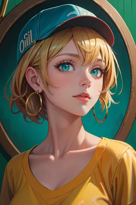 (oil painting:1.5),(masterpiece, best quality:1.2), 1girl, aqua eyes,solo, orange baseball cap, blonde hair, hoop earrings, jewelry, shirt, yellow shirt, upper body, blue background, simple background, collarbone, green eyes, looking at viewer, eyelashes, blue headwear, nose, aqua background, breasts, clothes writing