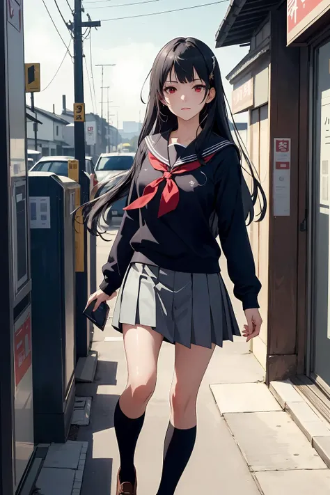 (masterpiece),(highest quality),highres,(high resolution textures),in dynamic pose,bokeh,(finely detail, intricate details, hyperdetailed:1.15),(official art, extreme detailed, highest detailed),an extremely delicate and beautiful,(best quality, masterpiece, perfect face, beautiful and aesthetic:1.2, colorful, dynamic angle, highest detailed face),1girl,solo,mitsuki1,kyoto animation,long hair,school uniform,black hair,red eyes,pleated skirt,black socks,bangs,kneehighs,sailor collar,long sleeves,ribbon,standing,outdoors,waiting outside a convenience store,
