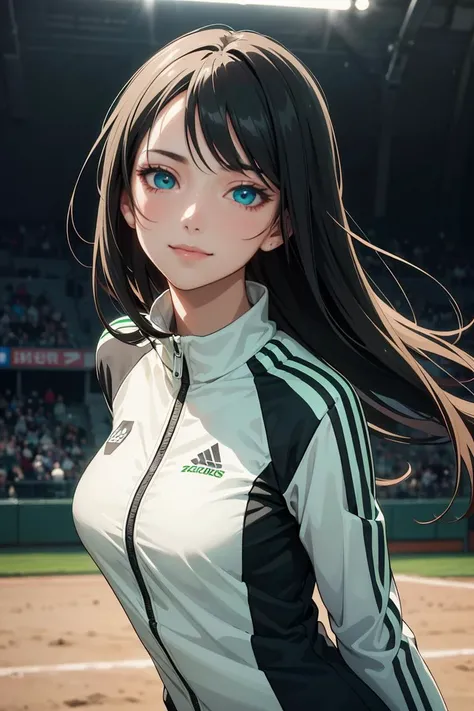 1girl,20s,light_smile,closed_mouth,long black hair,dark blue eyes,track suit,in a baseball field,upper body,(masterpiece, best quality, ultra-detailed),(an extremely delicate and beautiful,hyper photorealistic:1.1),(high resolution,official art:1,2),(depth_of_field:1.25),(hyper realistic shadows, hyper realistic textures, hyper realistic lights, hyper realistic skin, hyper realistic eyes, hyper realistic face, hyper realistic body, hyper realistic hair, hyper realistic background:1.1),(dynamic angle:1.2),focus,overexposure,(illustration,beautifully painted:1.1),(cinematic lighting:1.2),(light_green:1.3),Personage as the main perspective,neat figure,(beautiful detailed eyes:1.1),(dynamic angle:1.2),(extremely detailed anime:1.3),(a extremely delicate and beautiful woman:1.1),(illumination:1.2),