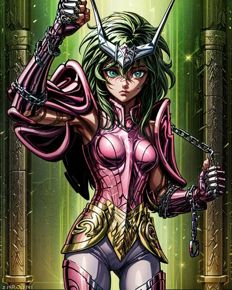 masterpiece, best quality, highres, solo, 1girl, green eyes, helmet,armor,detailed background, outdoors, <lora:more_details:0.8>,palace, god_cloth,(medium breasts:1.5) ,<lora:andromeda:0.9>,holding a chain,fingerless gloves,gauntlets