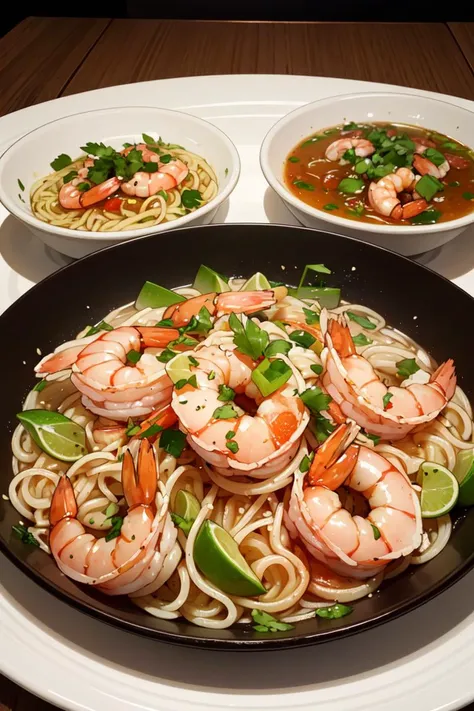 masterpiece, high quality, best quality, noodles with shrimp, deep plate, look attractive,food photography