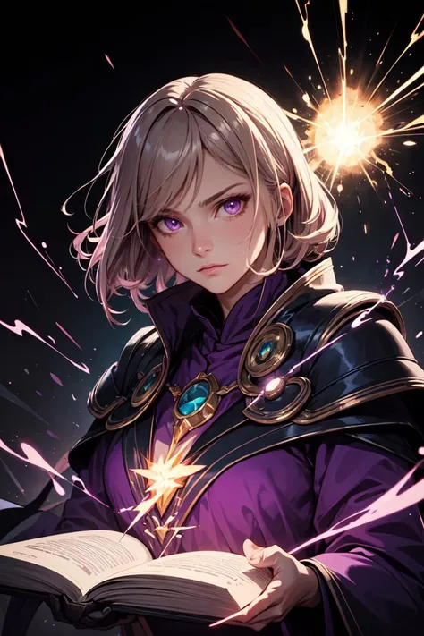 (best quality, masterpiece:1.2), photorealistic, thick outlines, strong shadows, <lora:add_detail:0.3>, 1 girl, adult woman, purple eyes, dark blonde lob hair, looking down, solo, upper body, detailed background, detailed face, evil mage, pink magical robes, determined expression, purple color scheme, dark green light, library, evil book, dark atmosphere, shadows, realistic lighting, floating particles, sparks, surrounded by yellow lightning <lora:LightingVFX:0.1>, blue arcane symbols, bloom,