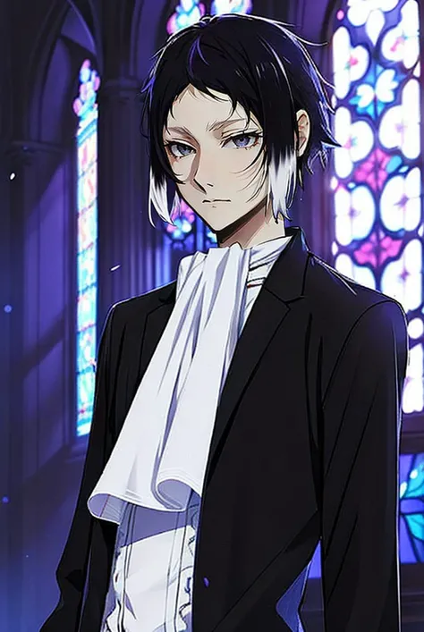 Akutagawa, 1boy, solo, male focus, black hair, two-tone hair, ascot, black jacket, upper body, grey eyes, frilled sleeves, stained glass, blue lighting, depth of field, <lora:Akutagawa_v2_r1:1>