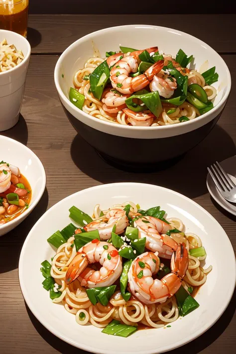 masterpiece, high quality, best quality, noodles with shrimp, deep plate, look attractive,food photography