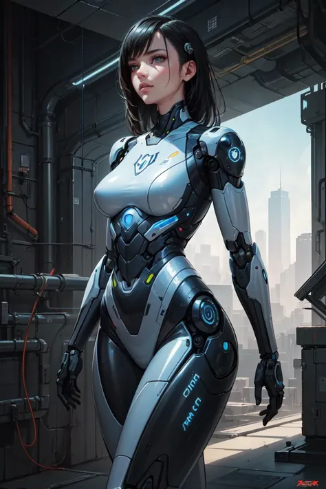 (best quality, masterpiece:1.2), photorealistic, thick outlines, strong shadows, <lora:add_detail:0.3>, female, woman robot cyborg,corporate model,manufacturer logos, detailed mechanical parts, glossy hard steel, scifi materials,advanced electronics, cyberpunk scene,