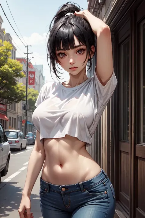best quality, high detail, (detailed face), detailed eyes,((best quality, masterpiece)), 1girl, white t-shirt, short sleeves, navel, stomach, jeans, crop top, large breasts, (arms at side:1.2), groin, hip bones, ponytail, blunt bangs, black hair, underboob, straight-on, standing, outdoors, looking at viewer,<lora:more_details:0.5> <lyco:GPTS4 dreamwave full_478773:0.3> <lyco:GoodHands-beta2:0.8>