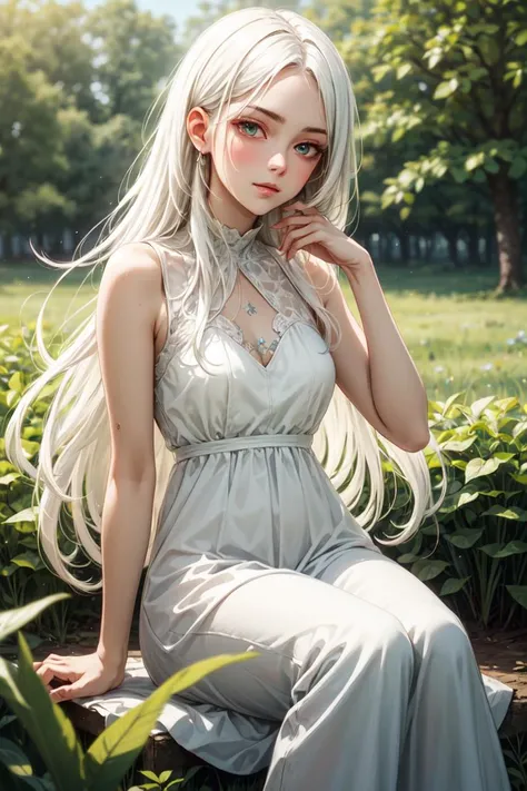 best quality, high detail, (detailed face), detailed eyes,1girl with long white hair sitting in a field of green plants and flowers, her hand under her chin, warm lighting, white dress, blurry foreground, <lora:more_details:0.5> <lyco:GPTS4 dreamwave full_478773:0.3> <lyco:GoodHands-beta2:0.8>