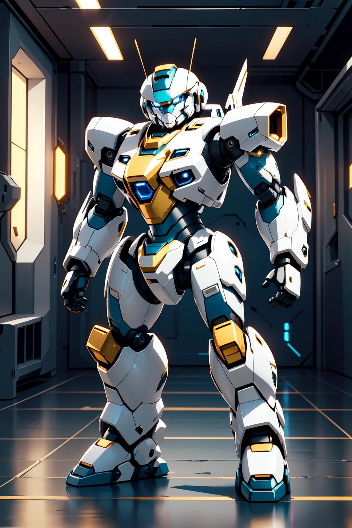 masterpiece,best quality,robotzoo, robot mecha, cute, no humans, solo, standing, blue eyes, full body, indoors, ,<lora:ç»å¨æºç²å¨ç©årobotzoo_v1.4:0.85>