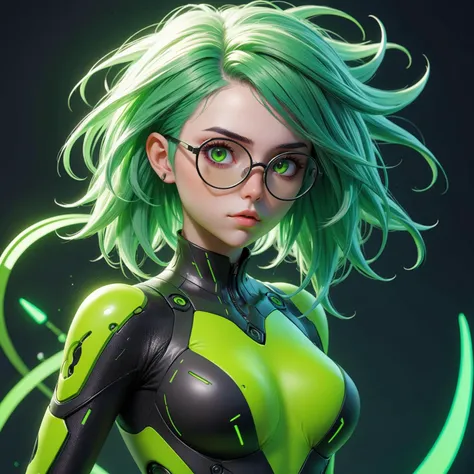 a woman with green hair and glasses,neon green bodysuit,cgsociety cyberpunk,trending on artstatioin,stunning 3d render of a fairy,(3d render:1.3),charli bowater and artgeem,cyberpunk angry gorgeous goddess,imvu,2070s,breathtaking render,