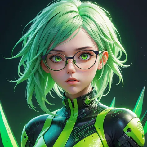 a woman with green hair and glasses,neon green bodysuit,upper body close up,looking straight at viewer,cgsociety cyberpunk,trending on artstatioin,stunning 3d render of a fairy,(3d render:1.3),charli bowater and artgeem,cyberpunk angry gorgeous goddess,imvu,2070s,breathtaking render,